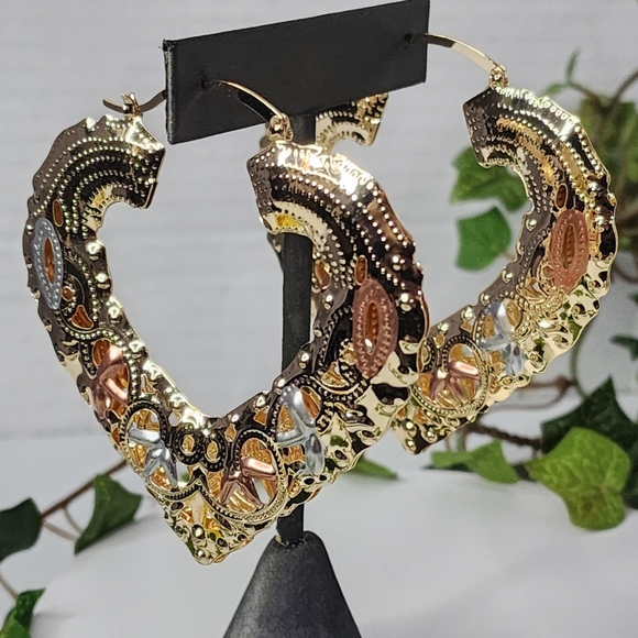 Statement Large Gold Filled Filigree Puff Heart Hoop Earrings Tricolor - Picture 4 of 6